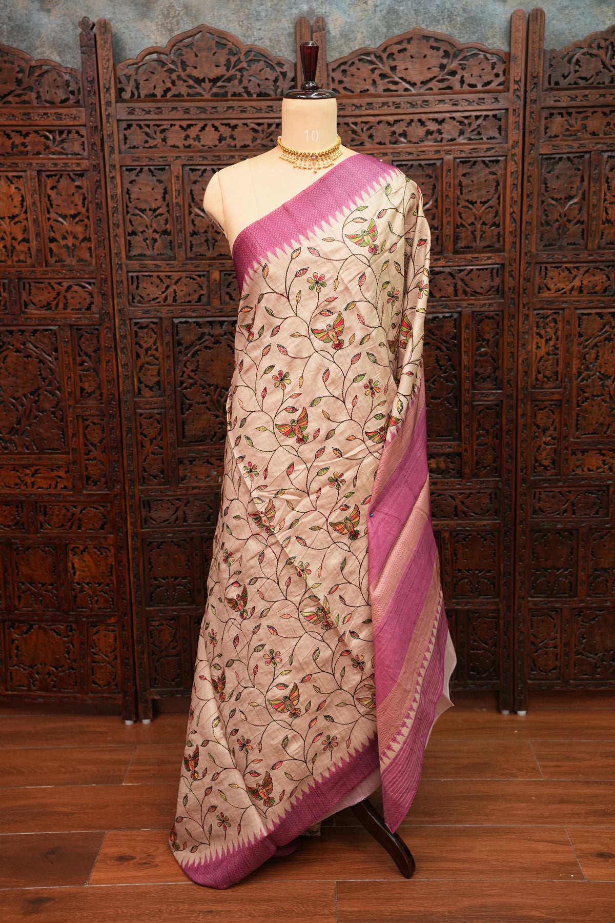 Semi Raw Silk Saree with Embroidered Body & Temple Border – Beige & Dusty Rose Pink