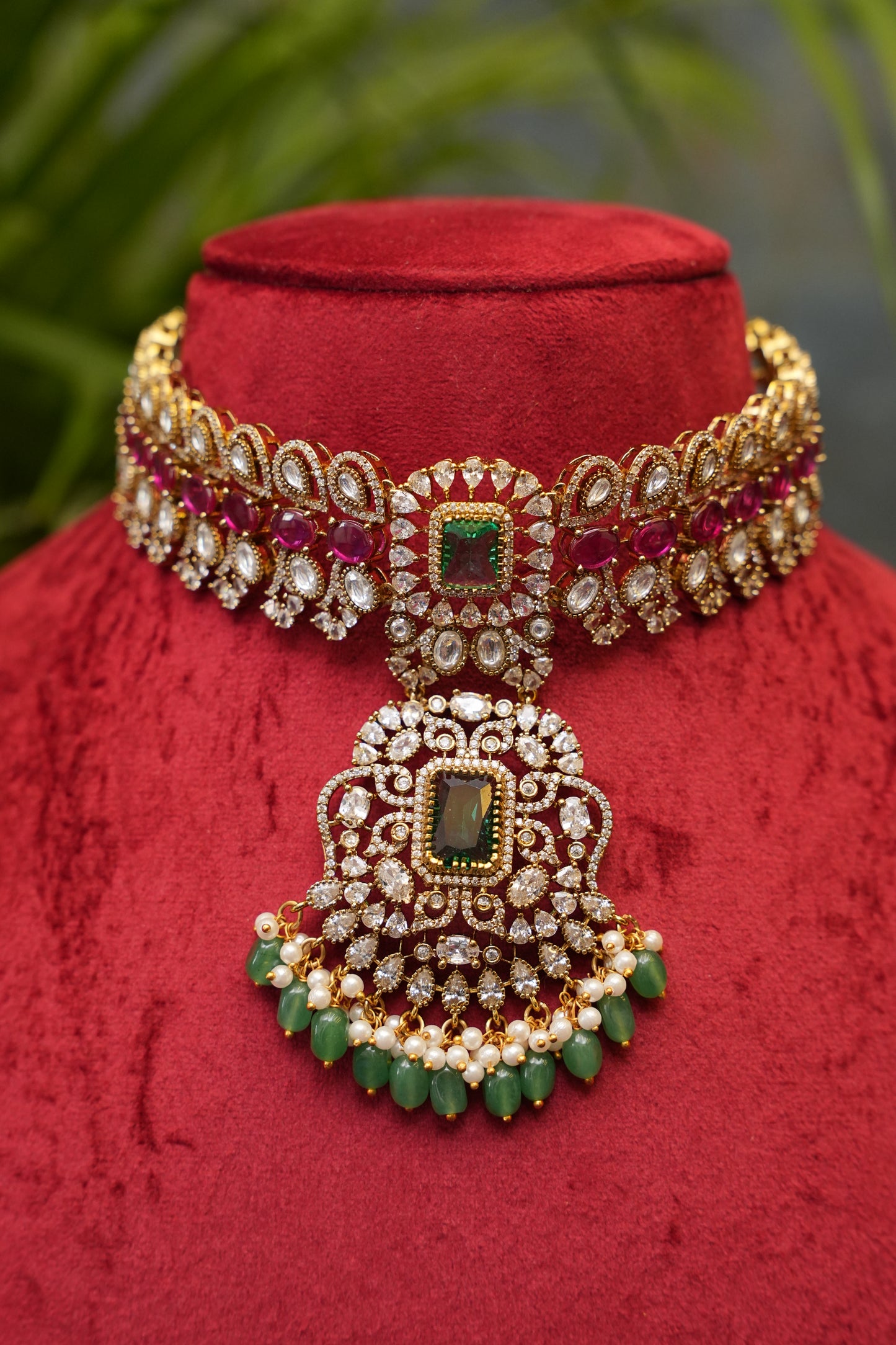 Victorian Statement Emerald & Ruby Stone Choker Necklace Set with Pearl Drops