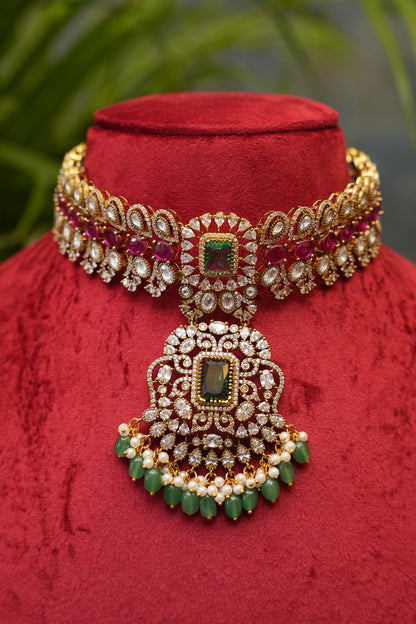 Victorian Statement Emerald & Ruby Stone Choker Necklace Set with Pearl Drops