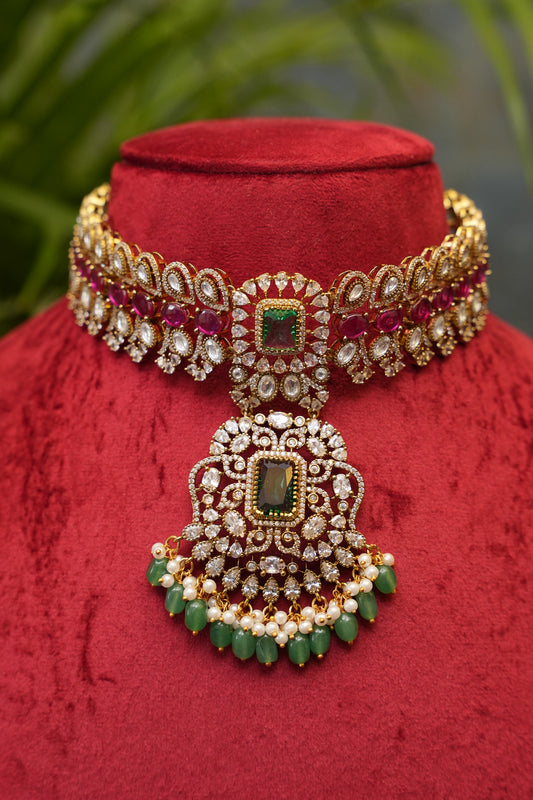 Victorian Statement Emerald & Ruby Stone Choker Necklace Set with Pearl Drops