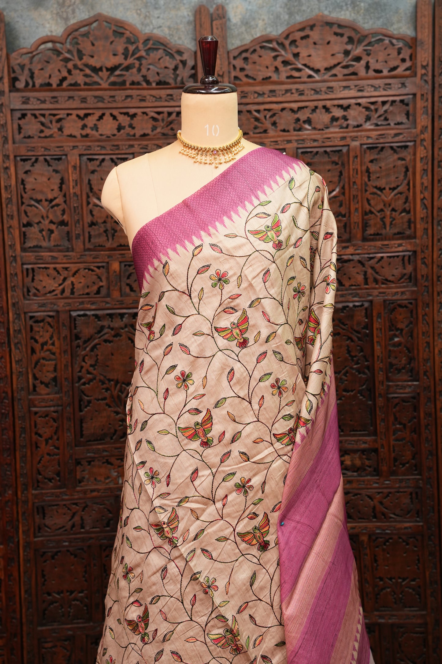 Semi Raw Silk Saree with Embroidered Body & Temple Border – Beige & Dusty Rose Pink