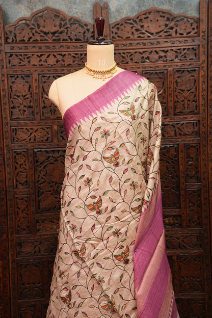 Semi Raw Silk Saree with Embroidered Body & Temple Border – Beige & Dusty Rose Pink