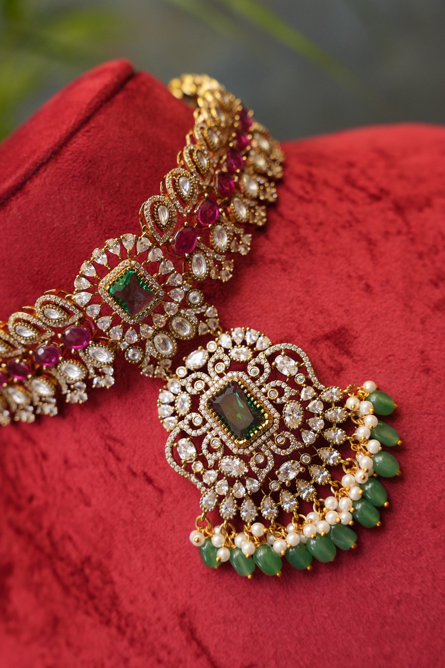 Victorian Statement Emerald & Ruby Stone Choker Necklace Set with Pearl Drops