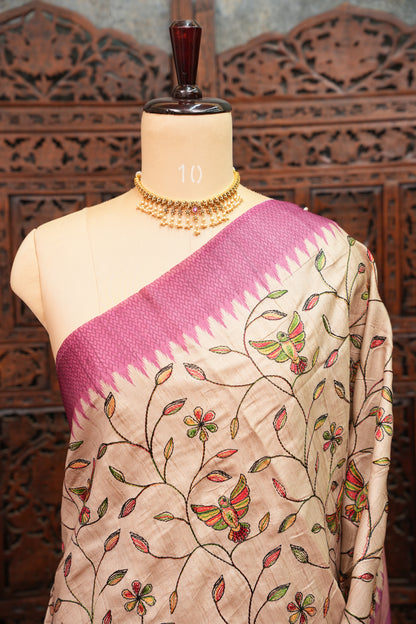 Semi Raw Silk Saree with Embroidered Body & Temple Border – Beige & Dusty Rose Pink
