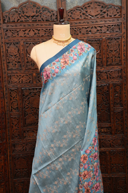 Semi Raw Silk Saree with Embroidered Body & Floral Borders – Powder Blue
