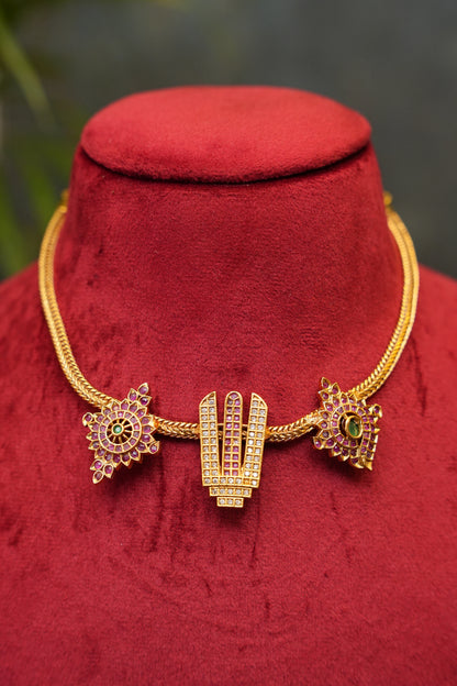 Antique Gold-Plated Temple Motif Short Necklace Set with CZ Detailing