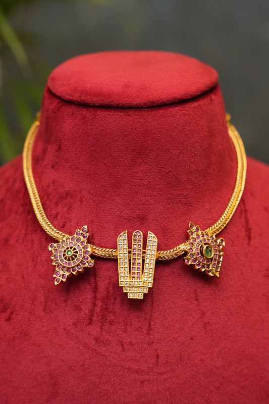 Antique Gold-Plated Temple Motif Short Necklace Set with CZ Detailing