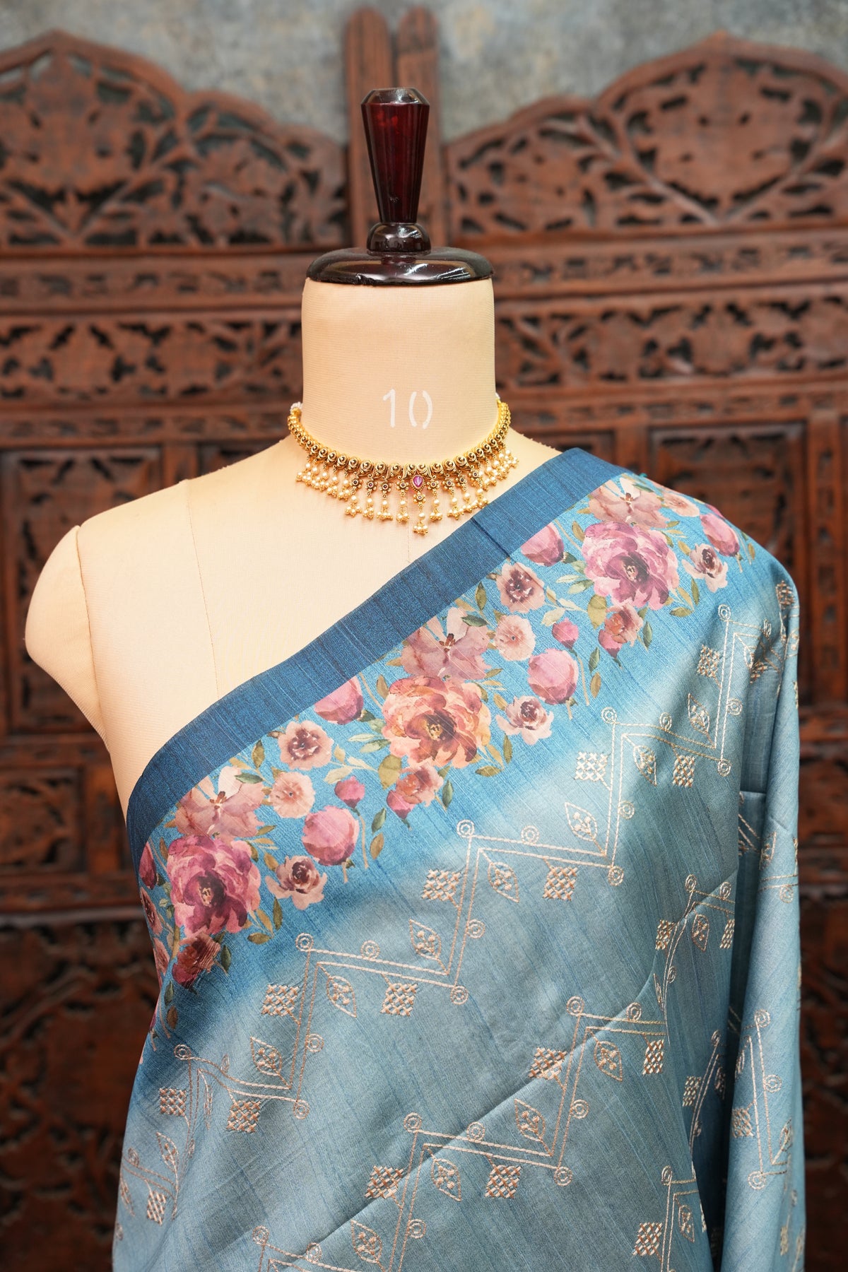 Semi Raw Silk Saree with Embroidered Body & Floral Borders – Powder Blue