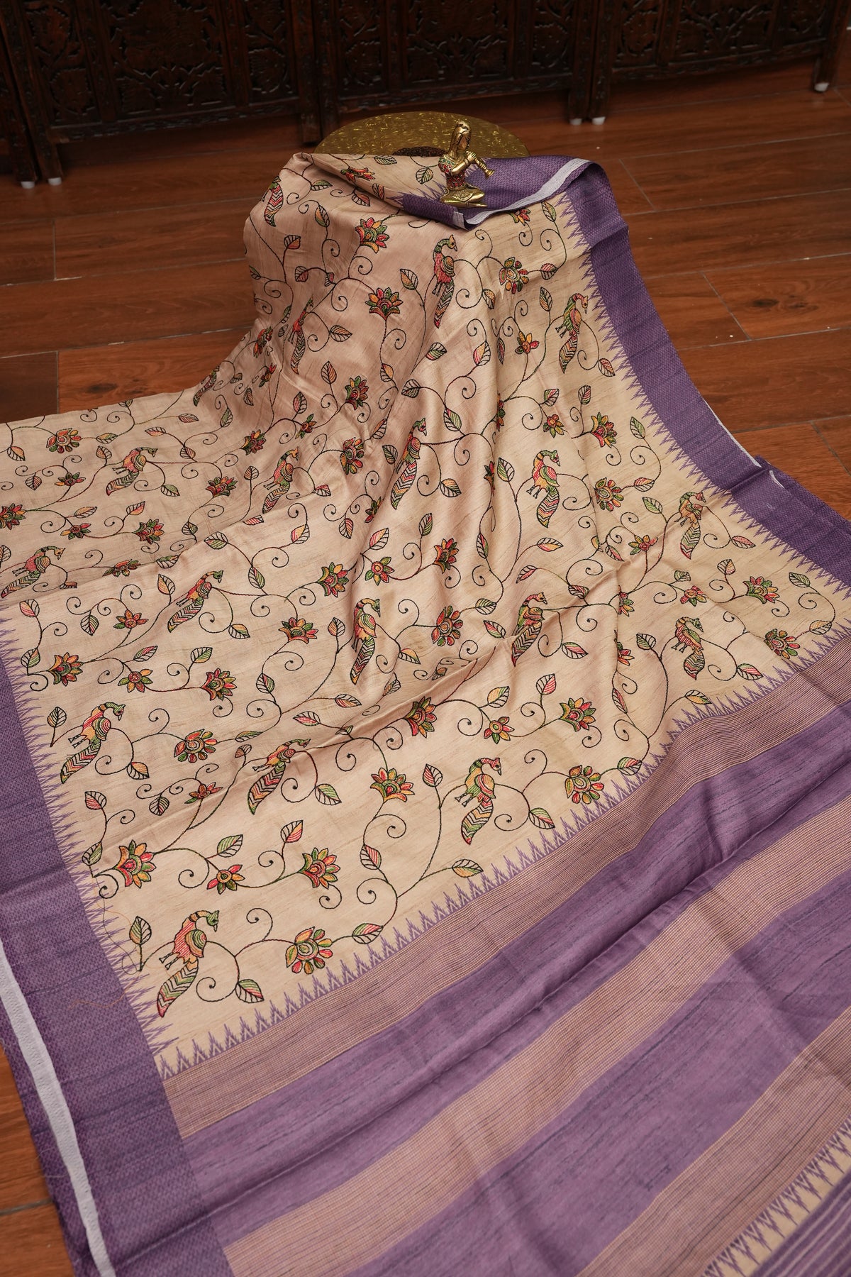 Semi Tussar Raw Silk Saree with Embroidered Body & Temple Border – Beige & Lavender Purple