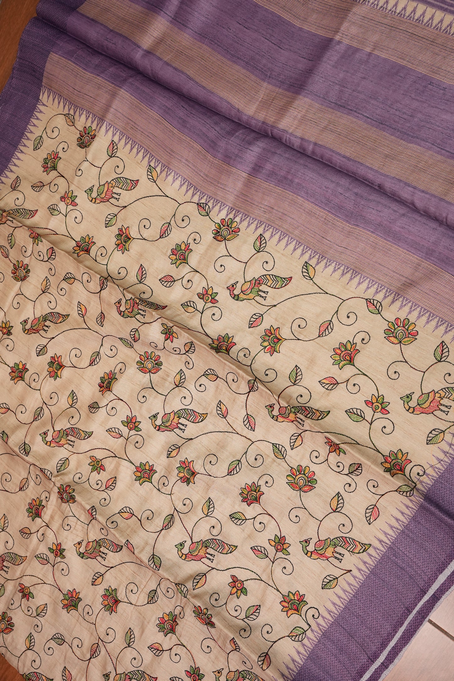 Semi Tussar Raw Silk Saree with Embroidered Body & Temple Border – Beige & Lavender Purple