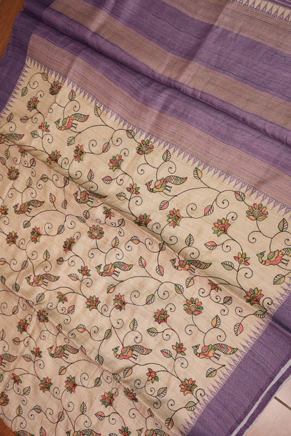Semi Tussar Raw Silk Saree with Embroidered Body & Temple Border – Beige & Lavender Purple