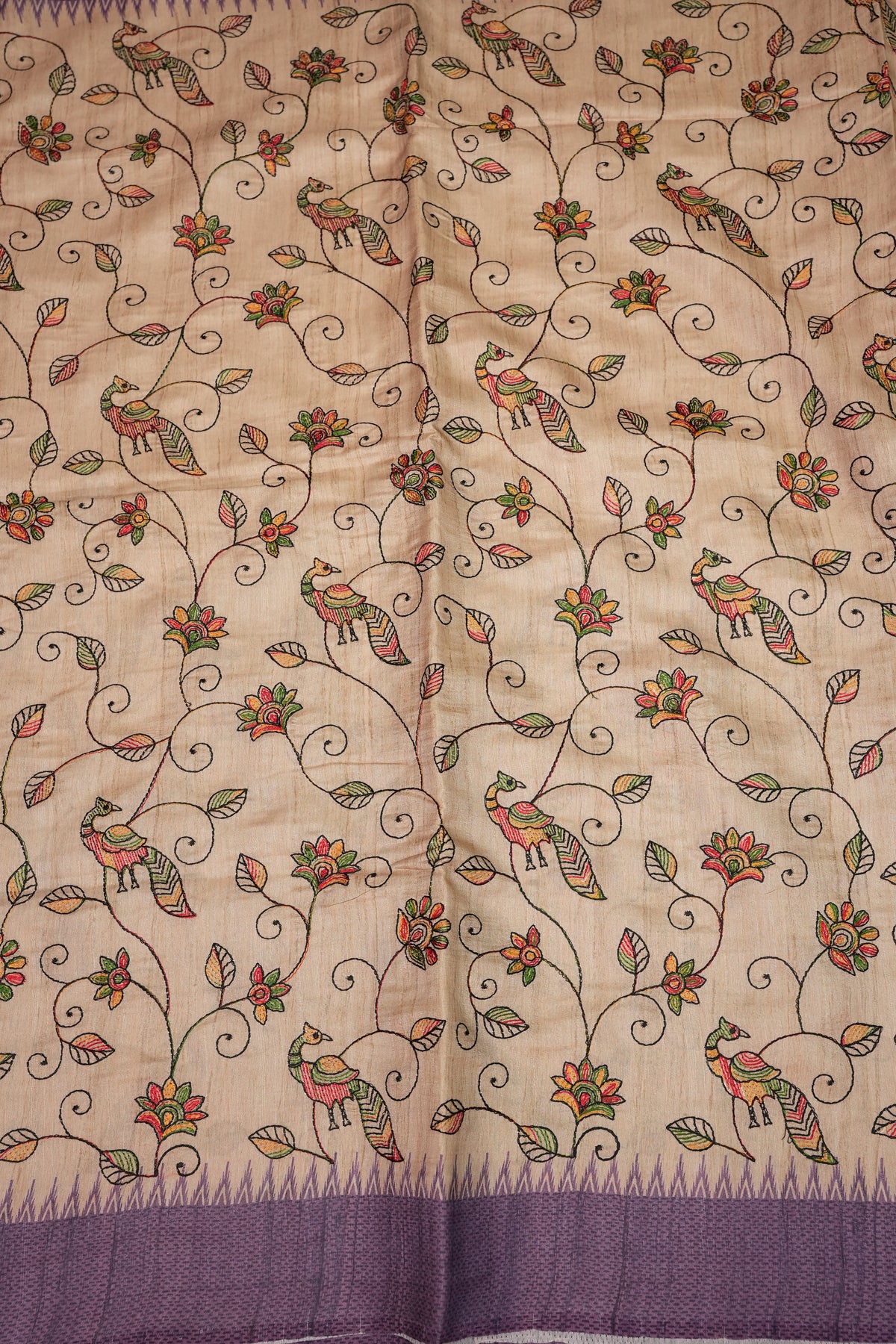 Semi Tussar Raw Silk Saree with Embroidered Body & Temple Border – Beige & Lavender Purple