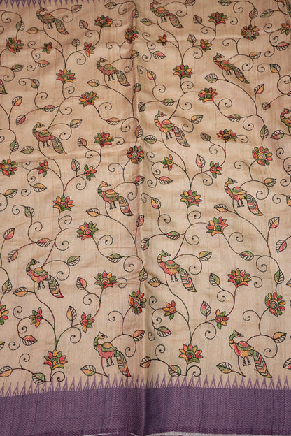 Semi Tussar Raw Silk Saree with Embroidered Body & Temple Border – Beige & Lavender Purple