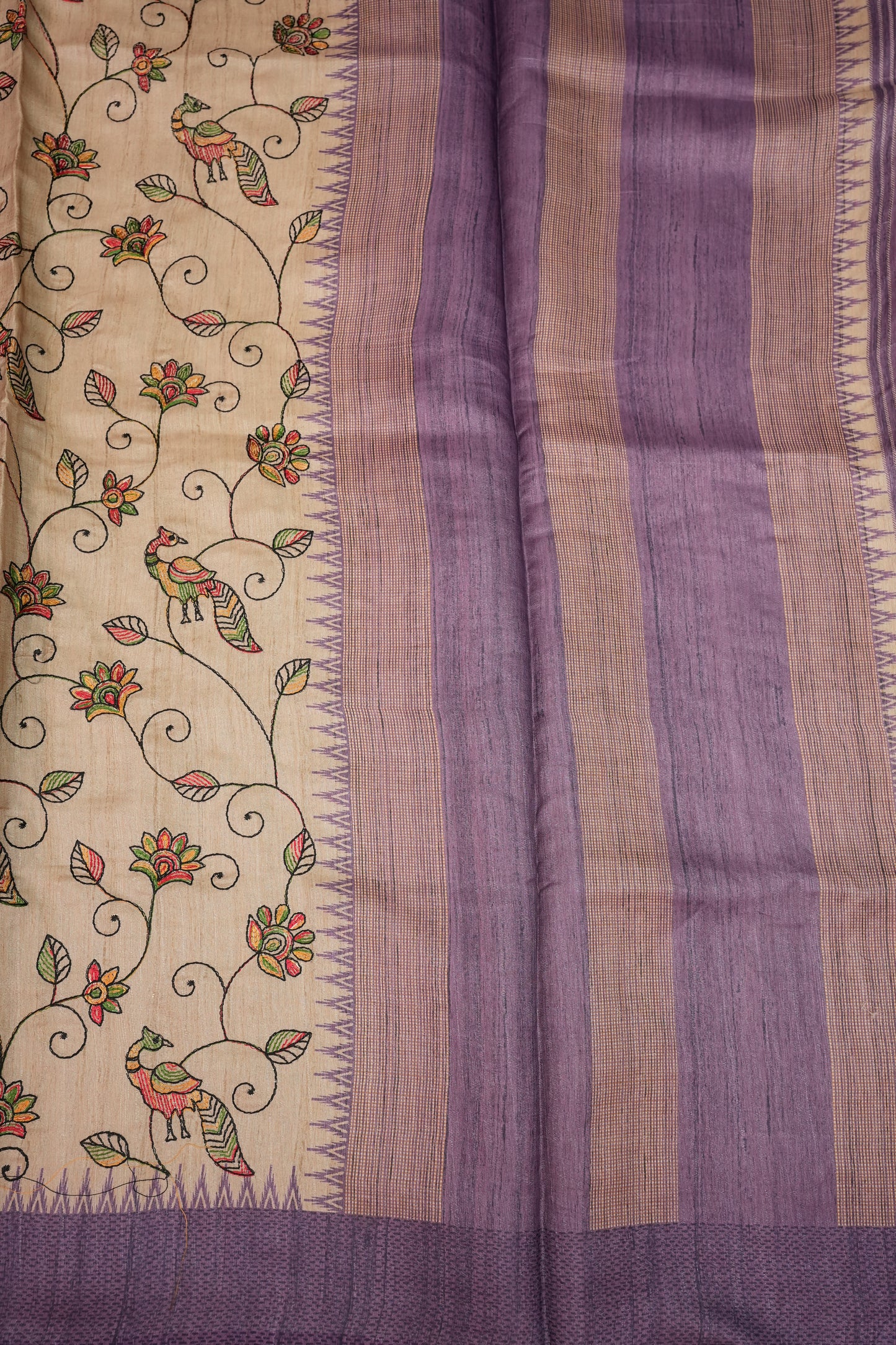 Semi Tussar Raw Silk Saree with Embroidered Body & Temple Border – Beige & Lavender Purple