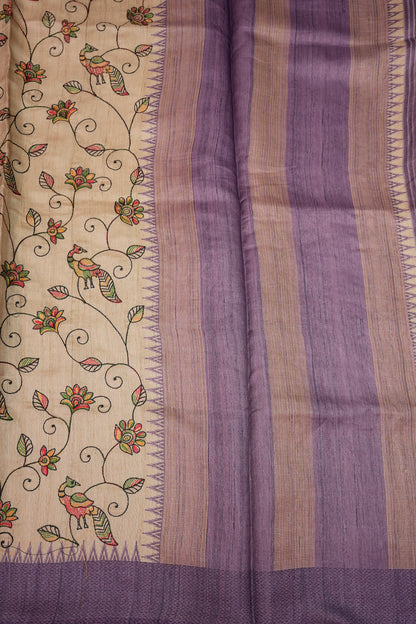 Semi Tussar Raw Silk Saree with Embroidered Body & Temple Border – Beige & Lavender Purple
