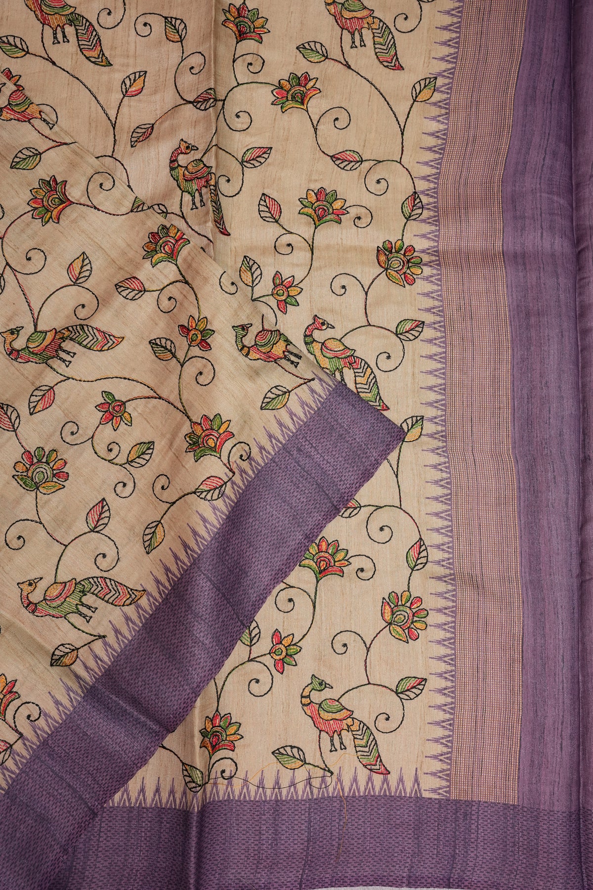 Semi Tussar Raw Silk Saree with Embroidered Body & Temple Border – Beige & Lavender Purple