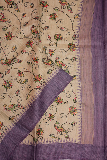 Semi Tussar Raw Silk Saree with Embroidered Body & Temple Border – Beige & Lavender Purple