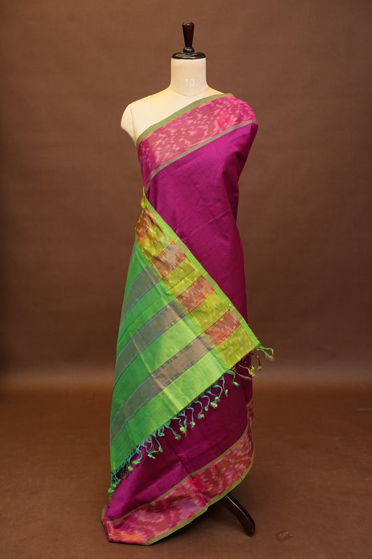 Ikkat Cotton Silk Saree - Magenta and Lime Green