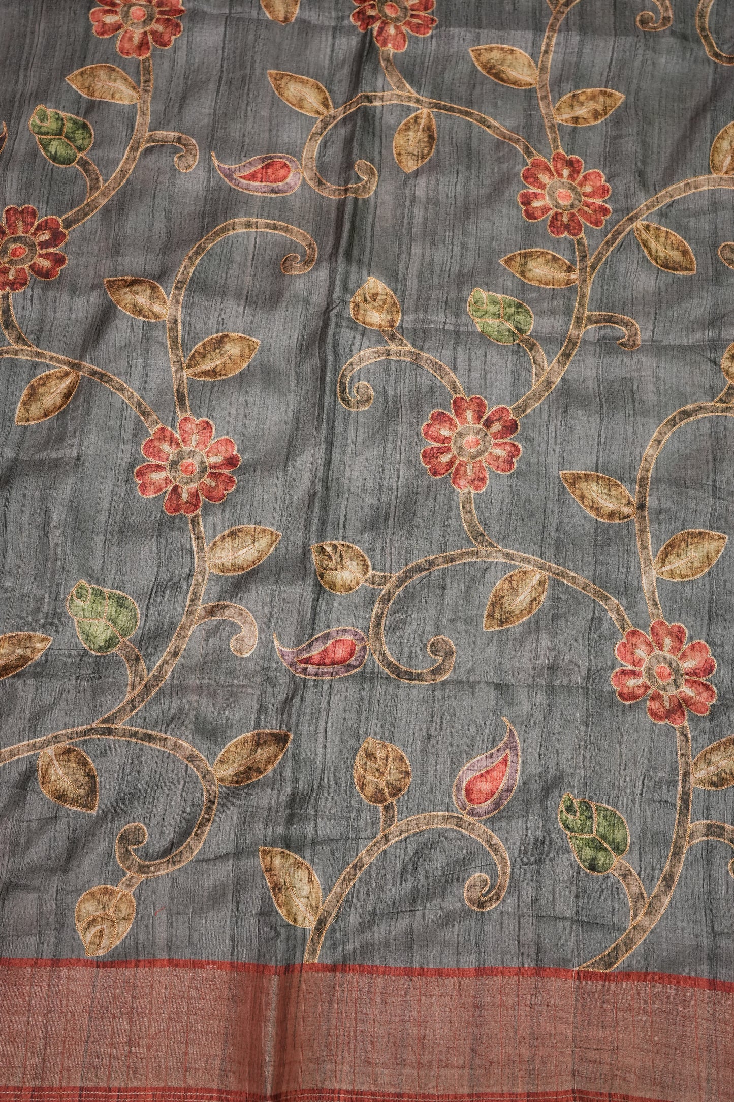 Semi Tussar Raw Silk Saree with Embroidered Floral Body & Contrast Border – Charcoal Grey & Rust
