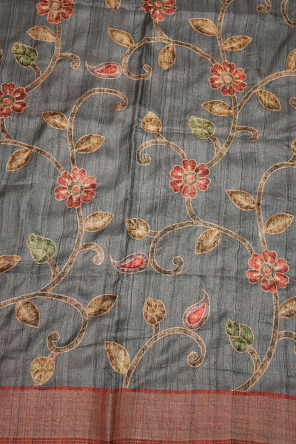 Semi Tussar Raw Silk Saree with Embroidered Floral Body & Contrast Border – Charcoal Grey & Rust