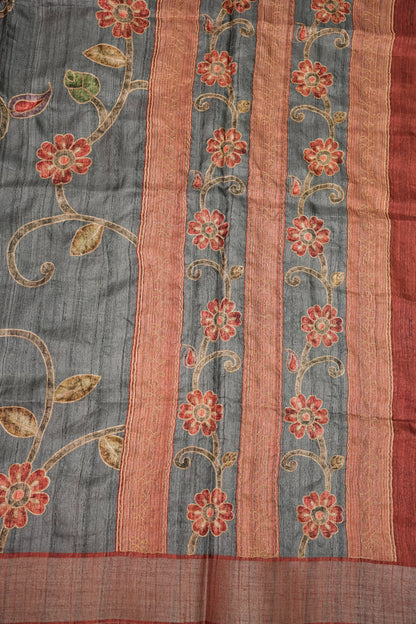 Semi Tussar Raw Silk Saree with Embroidered Floral Body & Contrast Border – Charcoal Grey & Rust