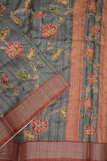 Semi Tussar Raw Silk Saree with Embroidered Floral Body & Contrast Border – Charcoal Grey & Rust