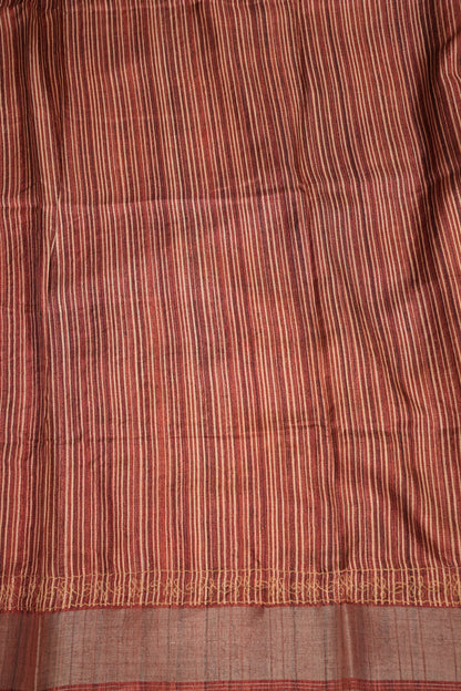 Semi Tussar Raw Silk Saree with Embroidered Floral Body & Contrast Border – Charcoal Grey & Rust