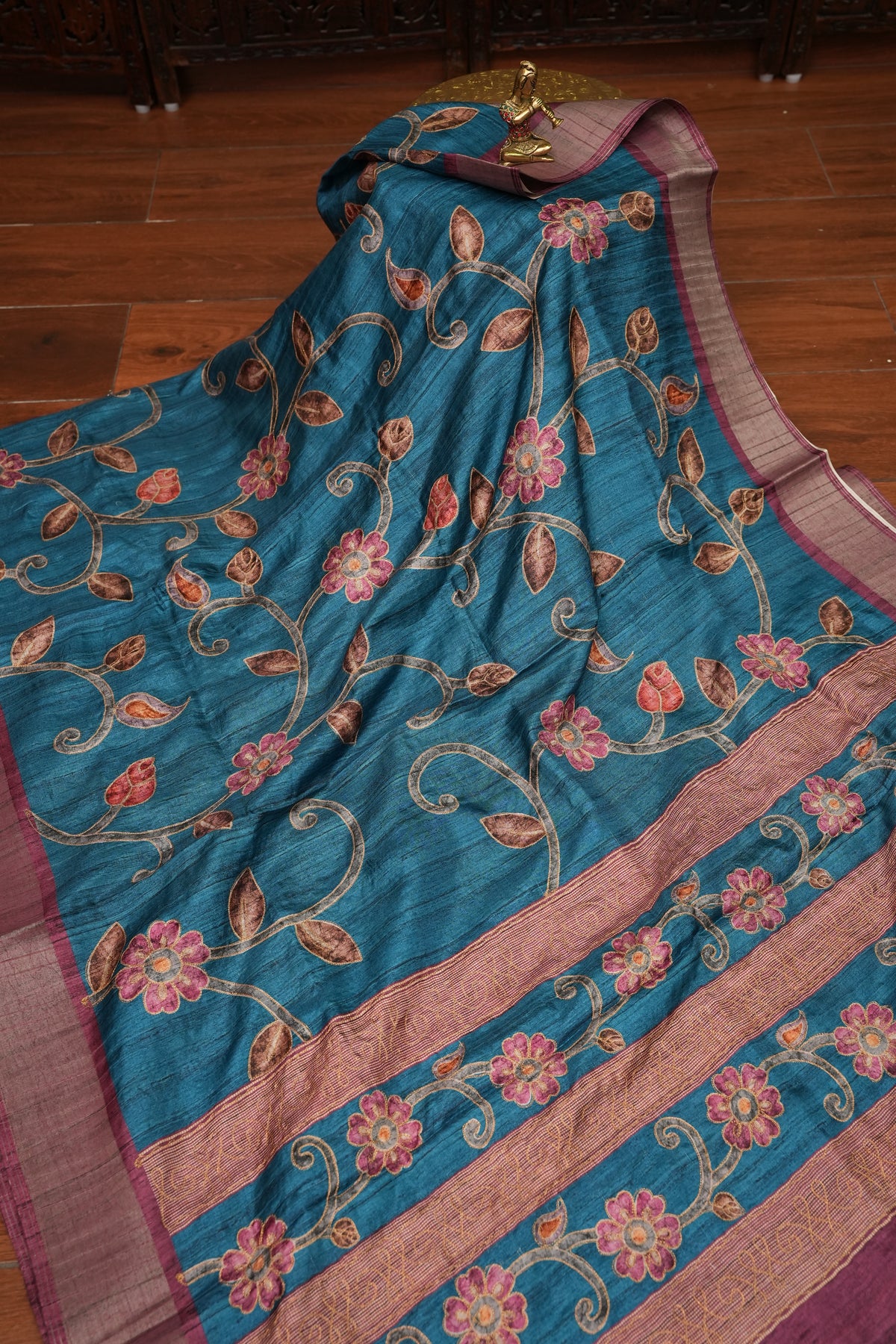 Semi Tussar Raw Silk Saree with Embroidered Floral Body & Contrast Border – Teal Blue & Wine