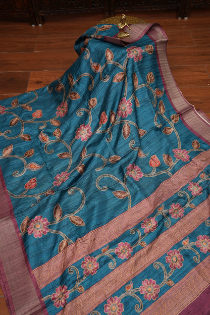Semi Tussar Raw Silk Saree with Embroidered Floral Body & Contrast Border – Teal Blue & Wine