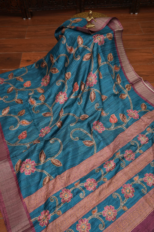Semi Tussar Raw Silk Saree with Embroidered Floral Body & Contrast Border – Teal Blue & Wine