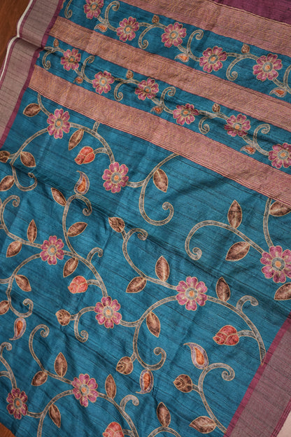 Semi Tussar Raw Silk Saree with Embroidered Floral Body & Contrast Border – Teal Blue & Wine
