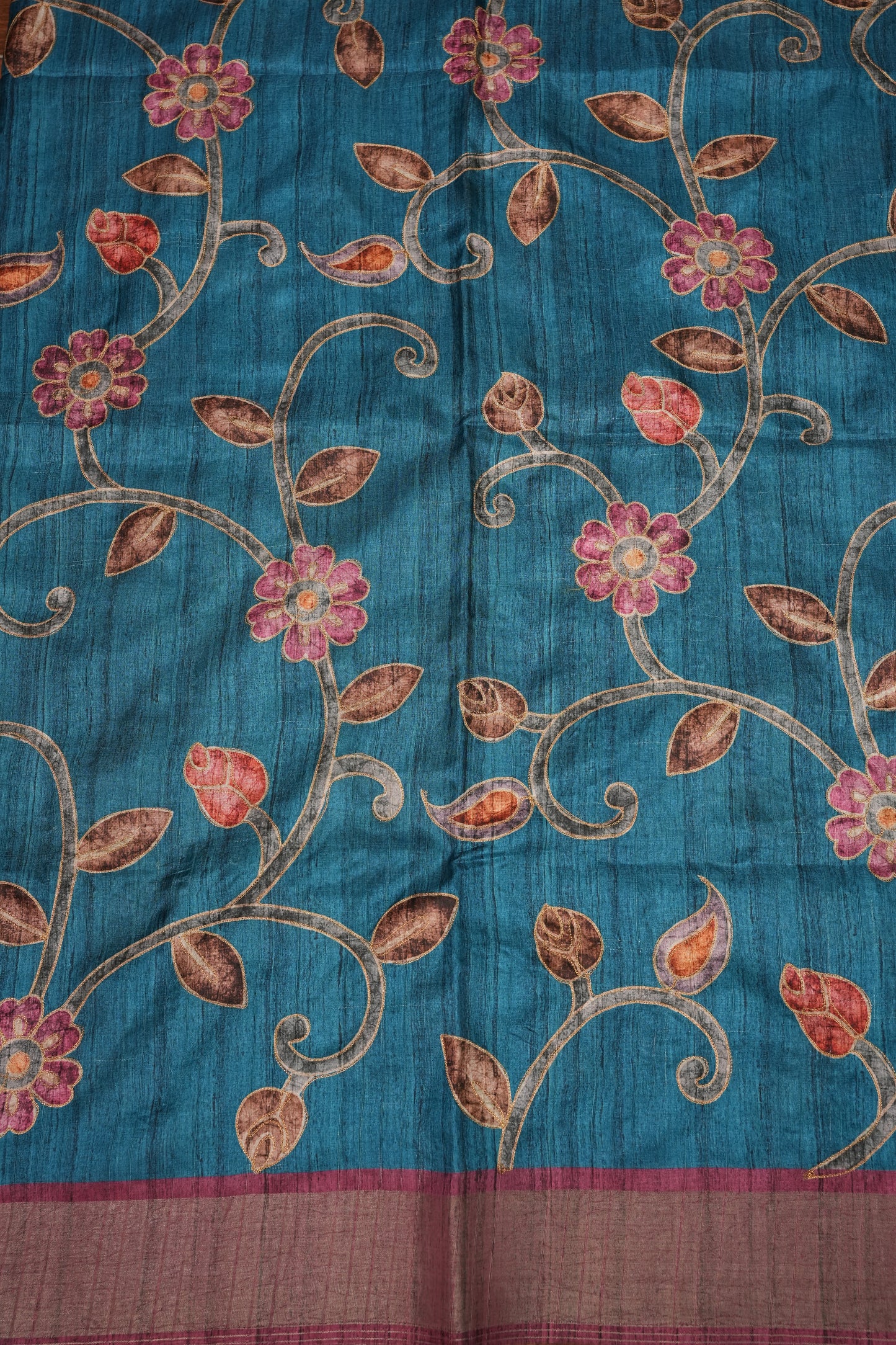 Semi Tussar Raw Silk Saree with Embroidered Floral Body & Contrast Border – Teal Blue & Wine