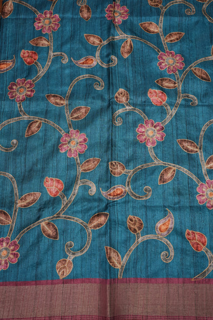 Semi Tussar Raw Silk Saree with Embroidered Floral Body & Contrast Border – Teal Blue & Wine