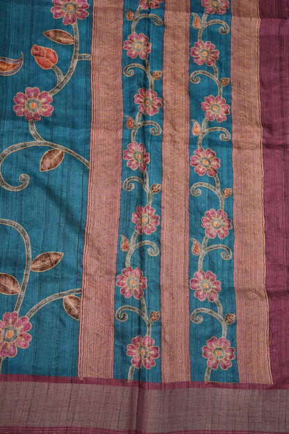 Semi Tussar Raw Silk Saree with Embroidered Floral Body & Contrast Border – Teal Blue & Wine