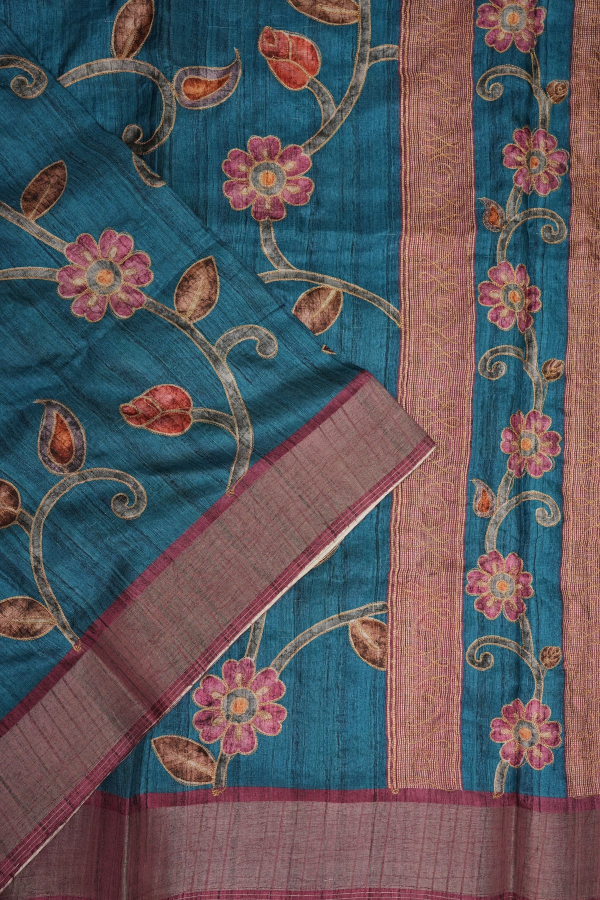 Semi Tussar Raw Silk Saree with Embroidered Floral Body & Contrast Border – Teal Blue & Wine