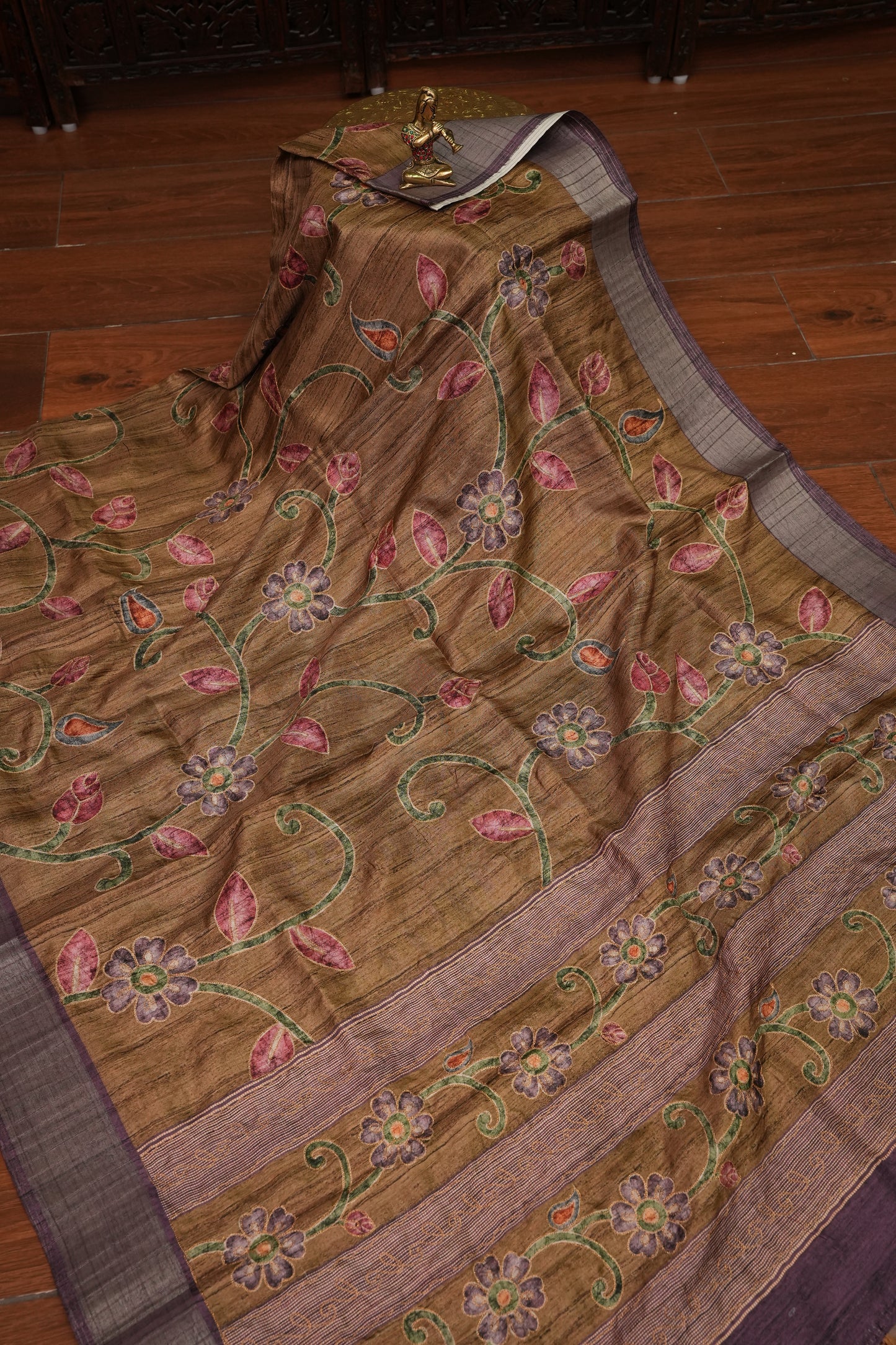 Semi Tussar Raw Silk Saree with Embroidered Floral Body & Contrast Border – Antique Gold & Plum