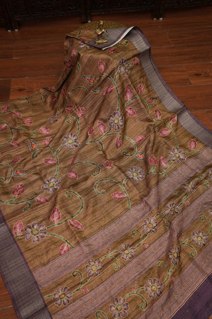 Semi Tussar Raw Silk Saree with Embroidered Floral Body & Contrast Border – Antique Gold & Plum
