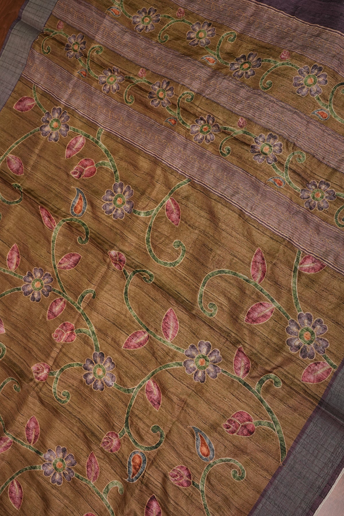 Semi Tussar Raw Silk Saree with Embroidered Floral Body & Contrast Border – Antique Gold & Plum