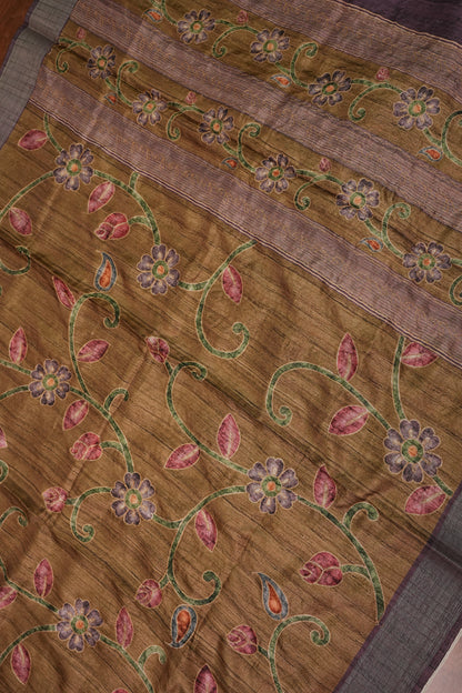 Semi Tussar Raw Silk Saree with Embroidered Floral Body & Contrast Border – Antique Gold & Plum
