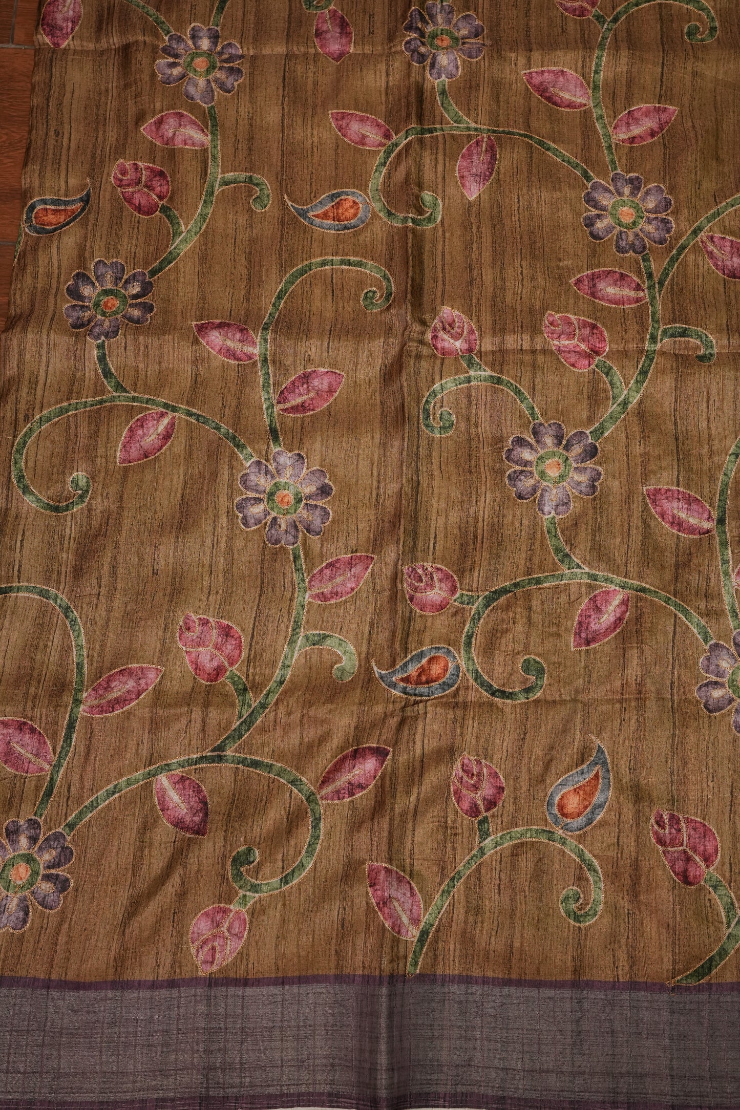 Semi Tussar Raw Silk Saree with Embroidered Floral Body & Contrast Border – Antique Gold & Plum