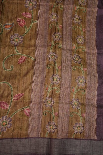 Semi Tussar Raw Silk Saree with Embroidered Floral Body & Contrast Border – Antique Gold & Plum