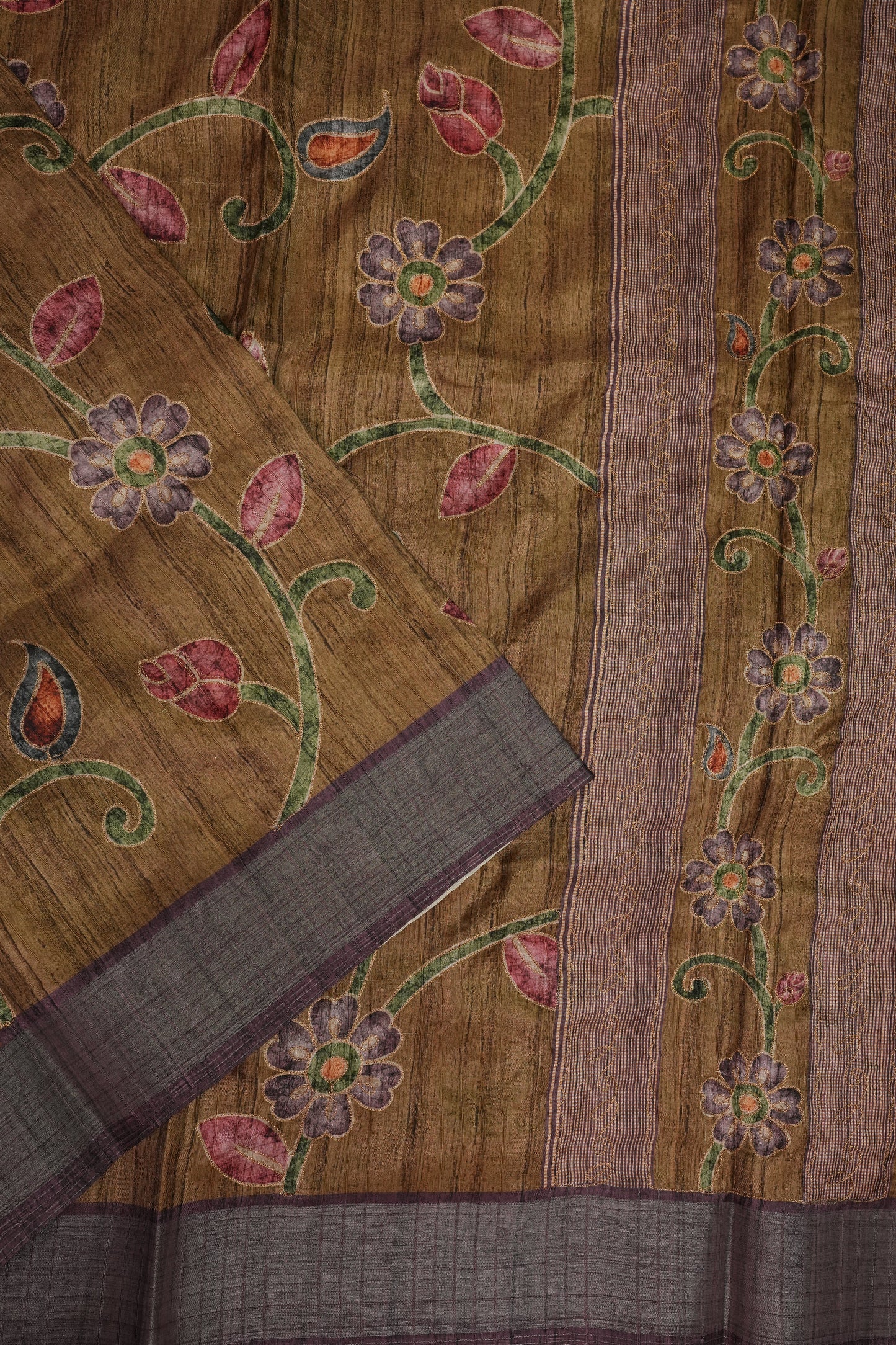Semi Tussar Raw Silk Saree with Embroidered Floral Body & Contrast Border – Antique Gold & Plum