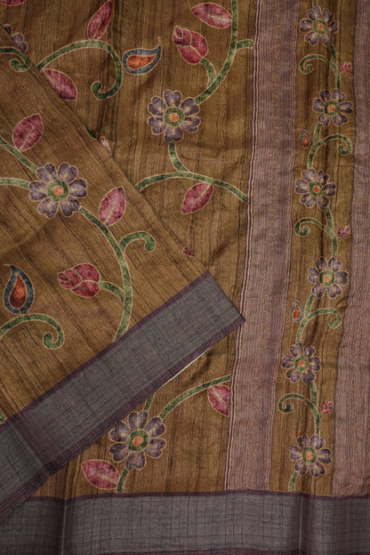 Semi Tussar Raw Silk Saree with Embroidered Floral Body & Contrast Border – Antique Gold & Plum