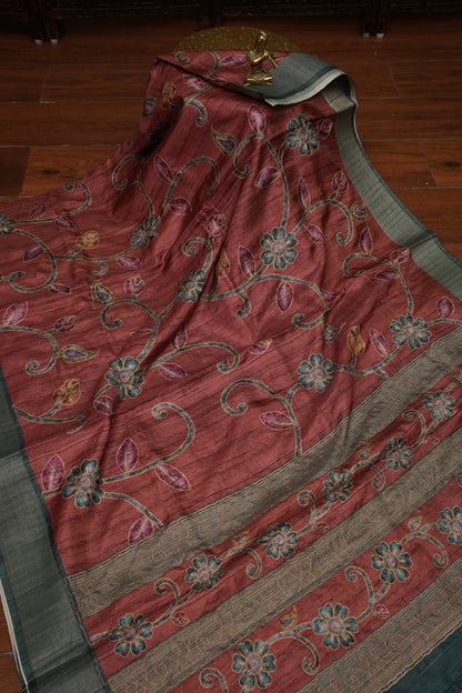 Semi Tussar Raw Silk Saree with Embroidered Floral Body & Contrast Border – Rust & Charcoal Grey