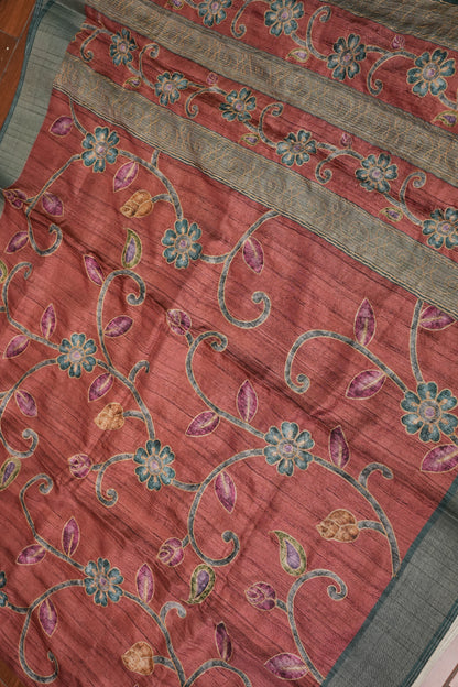 Semi Tussar Raw Silk Saree with Embroidered Floral Body & Contrast Border – Rust & Charcoal Grey