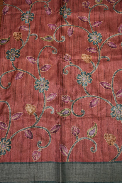 Semi Tussar Raw Silk Saree with Embroidered Floral Body & Contrast Border – Rust & Charcoal Grey