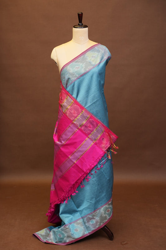 Ikkat Cotton Silk Saree - Sky Blue and Pink