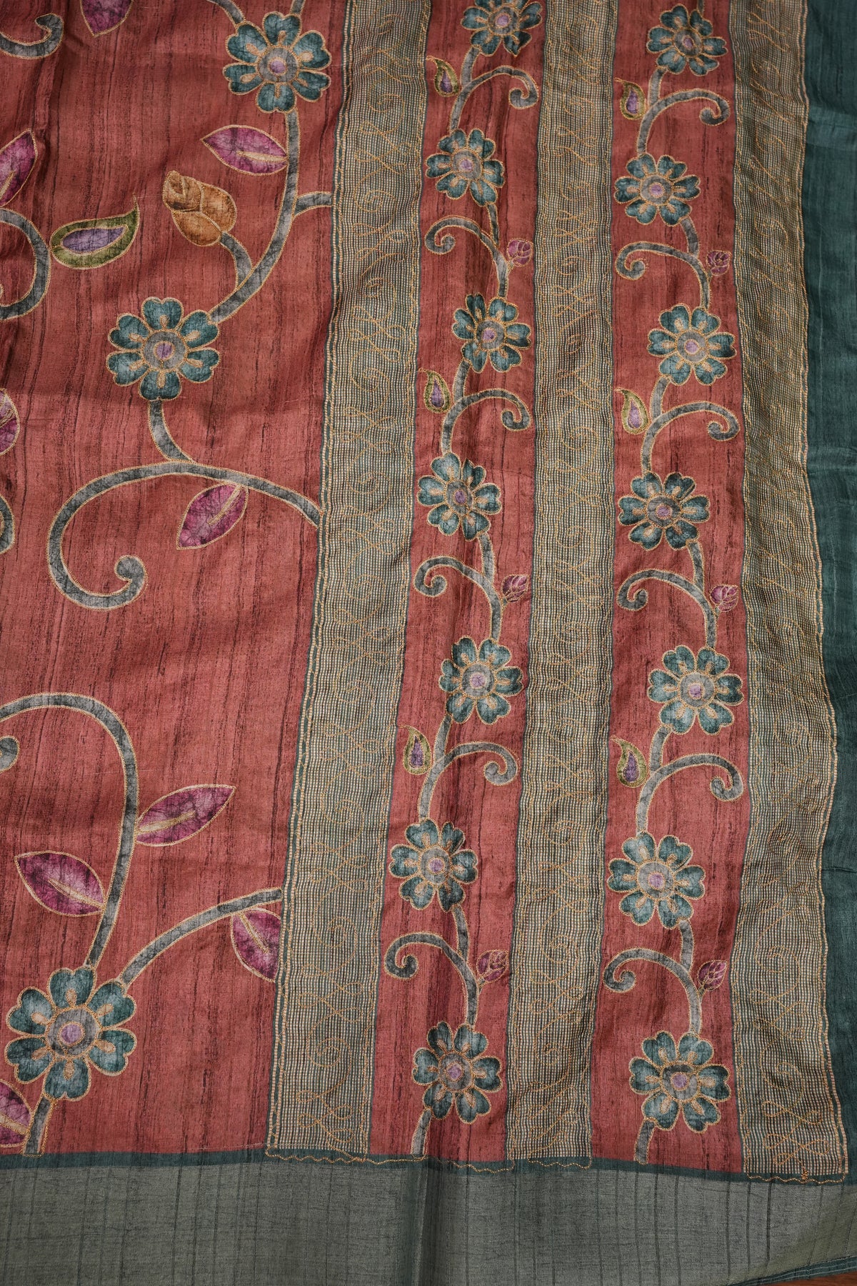Semi Tussar Raw Silk Saree with Embroidered Floral Body & Contrast Border – Rust & Charcoal Grey