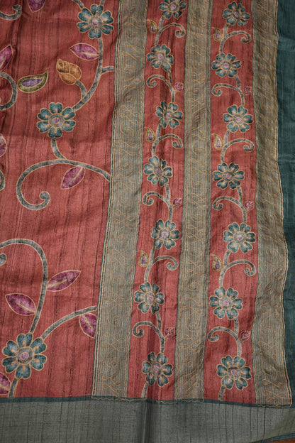 Semi Tussar Raw Silk Saree with Embroidered Floral Body & Contrast Border – Rust & Charcoal Grey