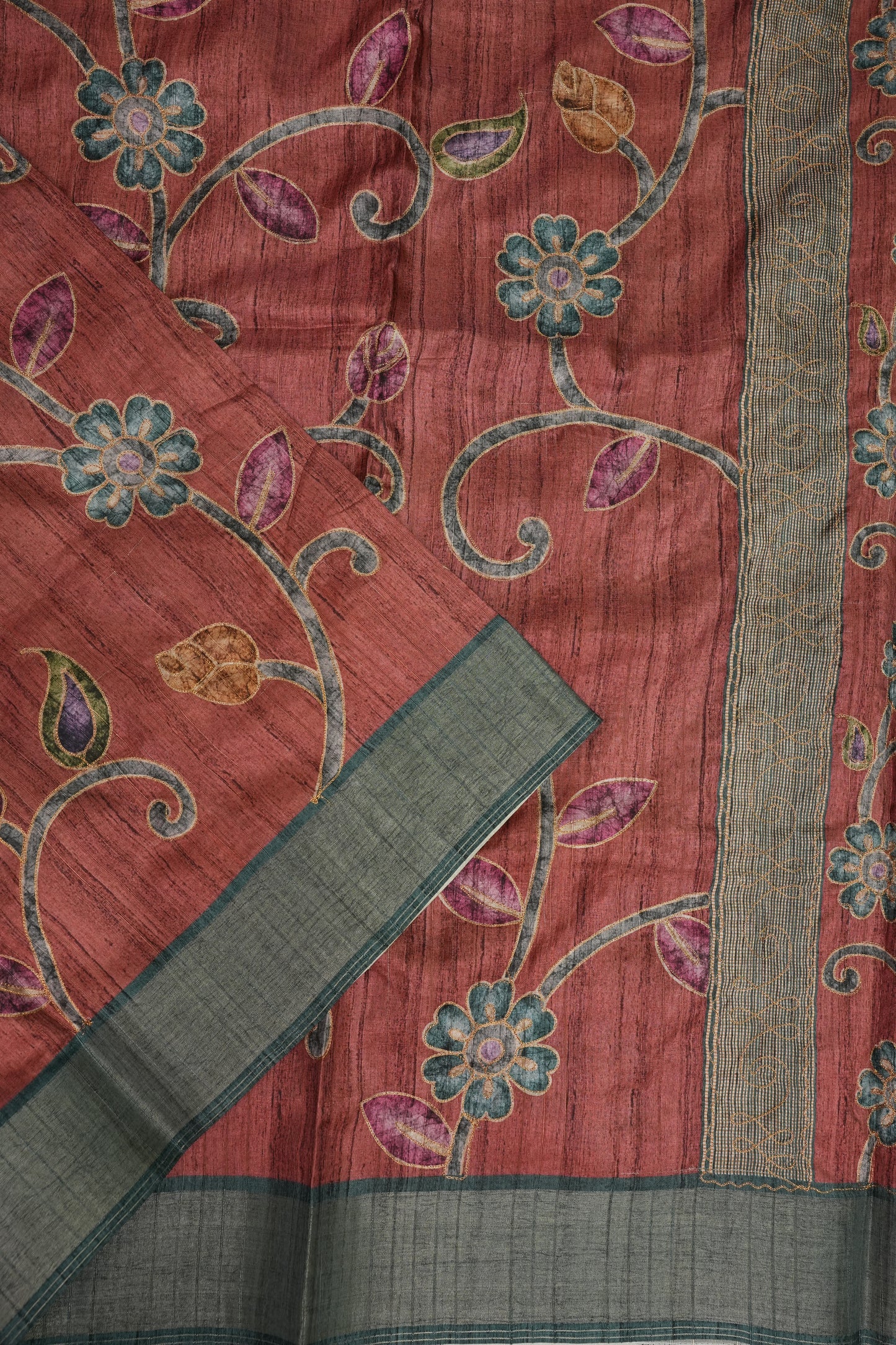 Semi Tussar Raw Silk Saree with Embroidered Floral Body & Contrast Border – Rust & Charcoal Grey
